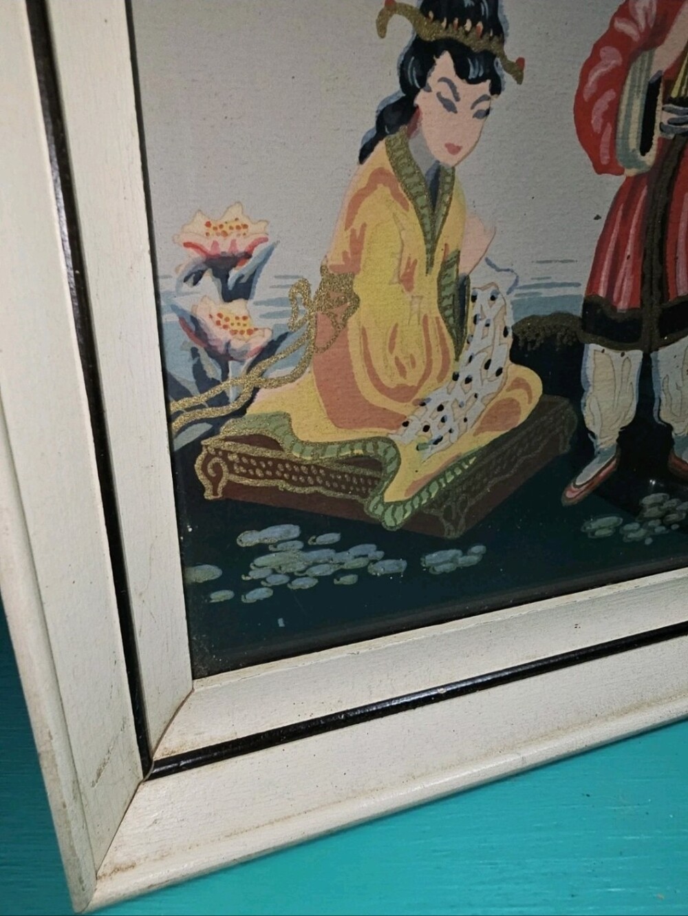 Mid-Century Japanese Signed Gouache Painting Vibrant Figures & Pagoda - Picture 12 of 15